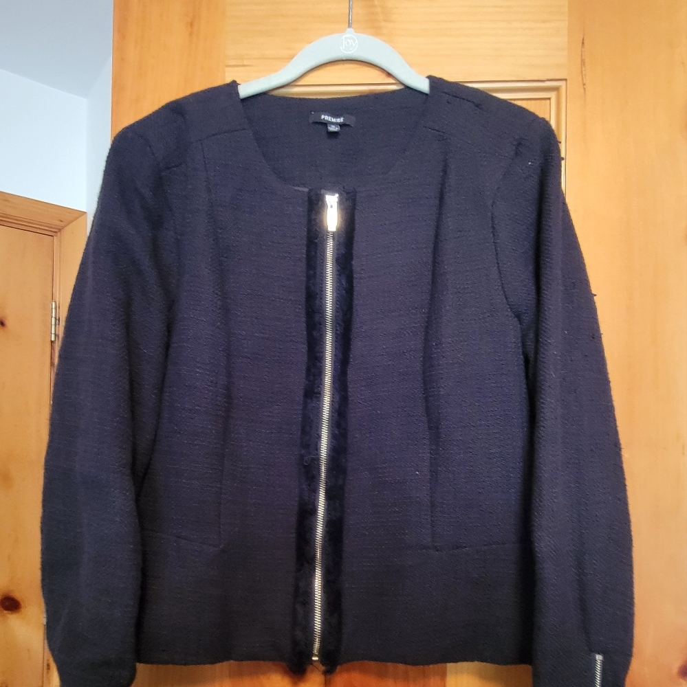 PREMISE Navy Dark Blue Woven Tweed Zip Up Jacket sz 16